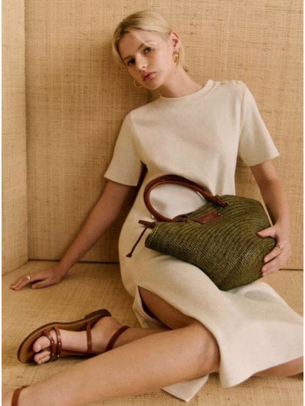 New Sezane Emy 100% Cotton Maxi T-Shirt Dress Ecru Medium